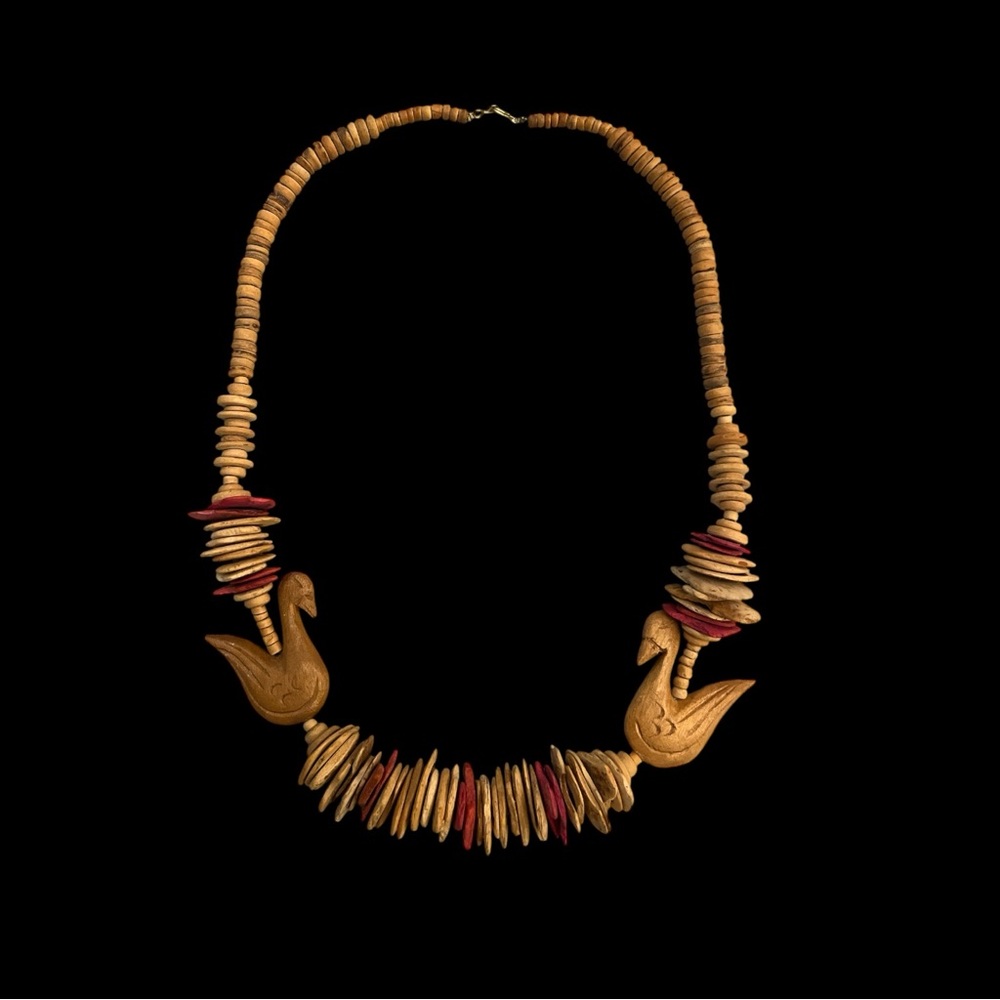 Vintage 30" Long Wooden Swan Coconut Chip Pieces & Beads Statement Necklace